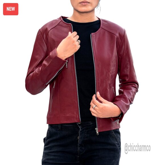 Slim Fit Lambskin Leather Jacket Collarless Elegant Lightweight Chic Style